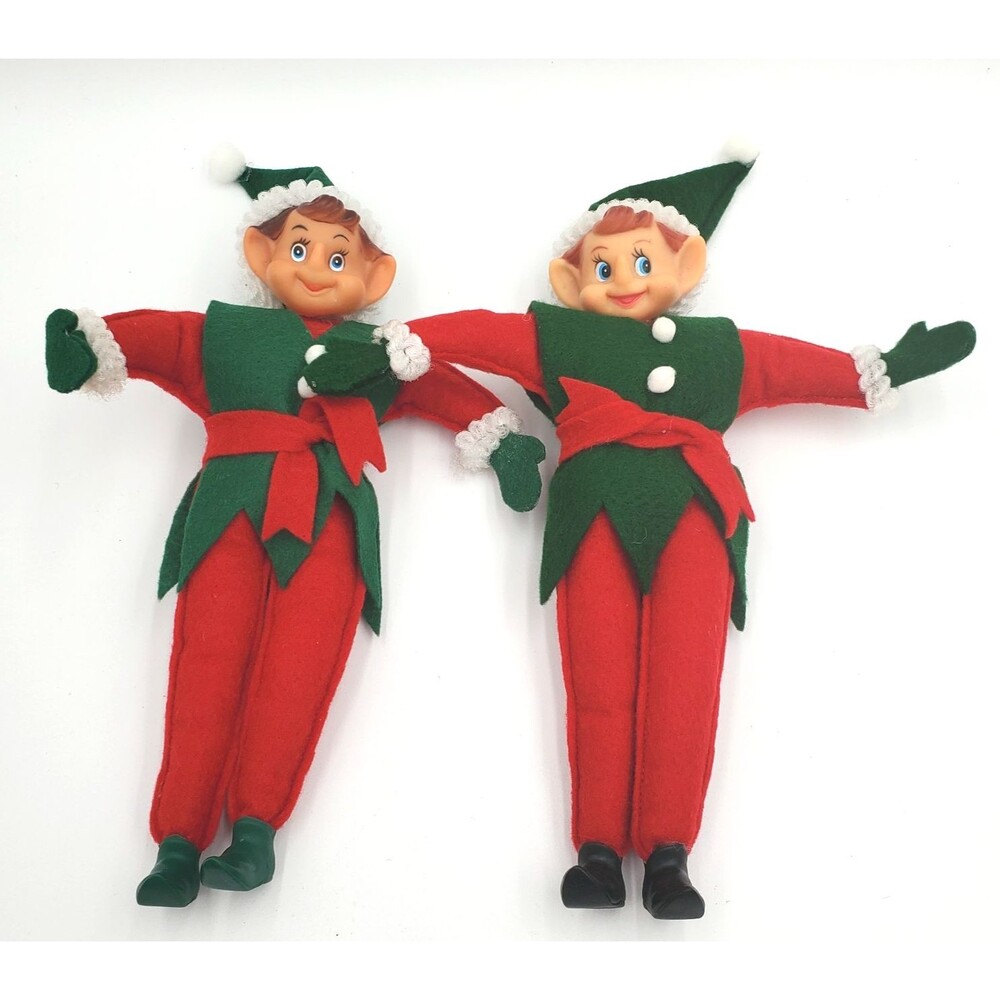 Vintage Lot of 2 Christmas Elf Plush Doll Tree Toppers 12" Japan Rubber Face